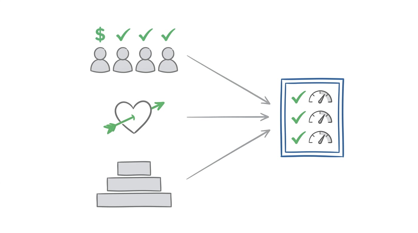 Whiteboard sketch. Three source elements on the left: a row of four silhouette figures with green checkmarks and a green dollar sign (FAC motif), a values motif (heart or compass with green arrow), and a tiered stack of rectangles (competencies motif). Three arrows converge right into a blue-framed scorecard with green checkmarks and gauge indicators.