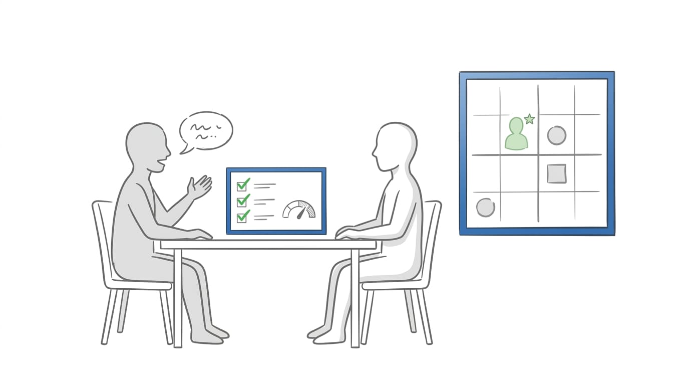 Whiteboard sketch. Two silhouette figures seated across from each other at a simple table. The figure on the left is in a speaking posture, hand raised in a small gesture, with a sketched speech bubble containing marks (no text). The figure on the right is in a listening posture, upright and attentive. Between them on the table sits a blue-framed scorecard showing green checkmarks and gauge icons.