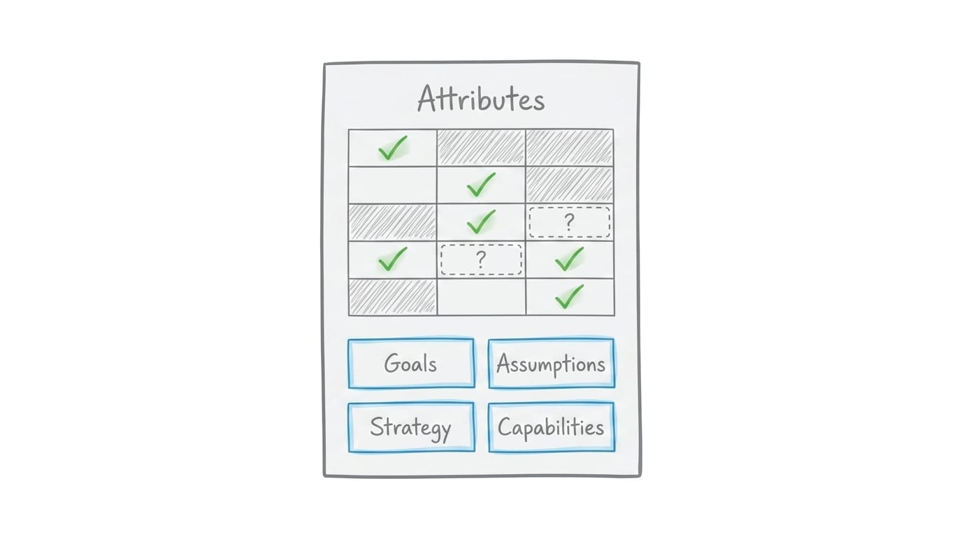 Competitor file with attribute grid and four corners, each cell confidence rated