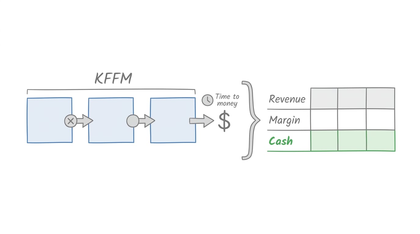 KFFM widgets flowing to revenue, margin, and cash: the cascade sets quantities on widgets the KFFM names