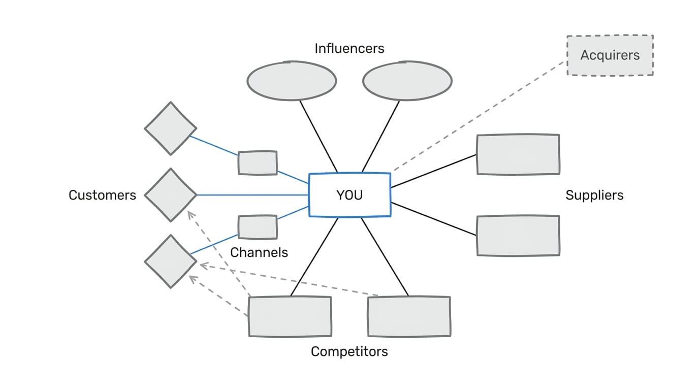 Market map showing customers, channels, company, suppliers, influencers, competitors, and an optional acquirers layer