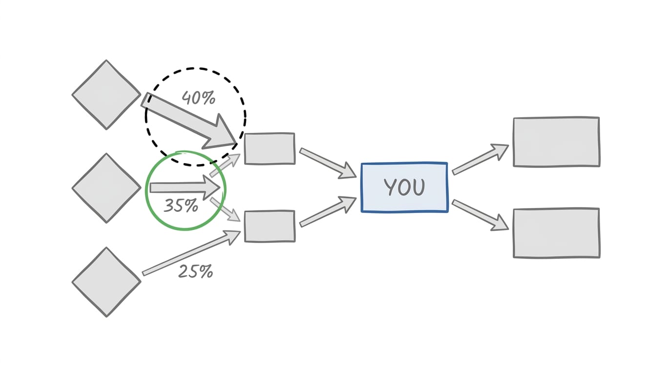 Market map with money flows showing revenue percentages by channel and circled risks and opportunities