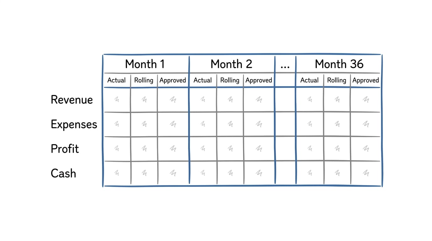 The 36 month rolling forecast model showing Actual, Rolling and Approved columns for each month