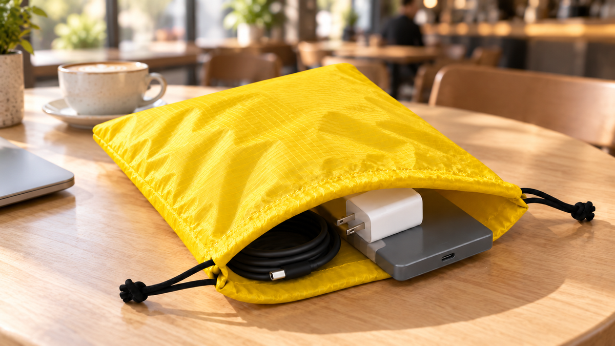 Yellow ripstop nylon drawstring bag holding a coiled cable, charger and power bank on a wooden coffee shop table, with a coffee cup and laptop nearby.