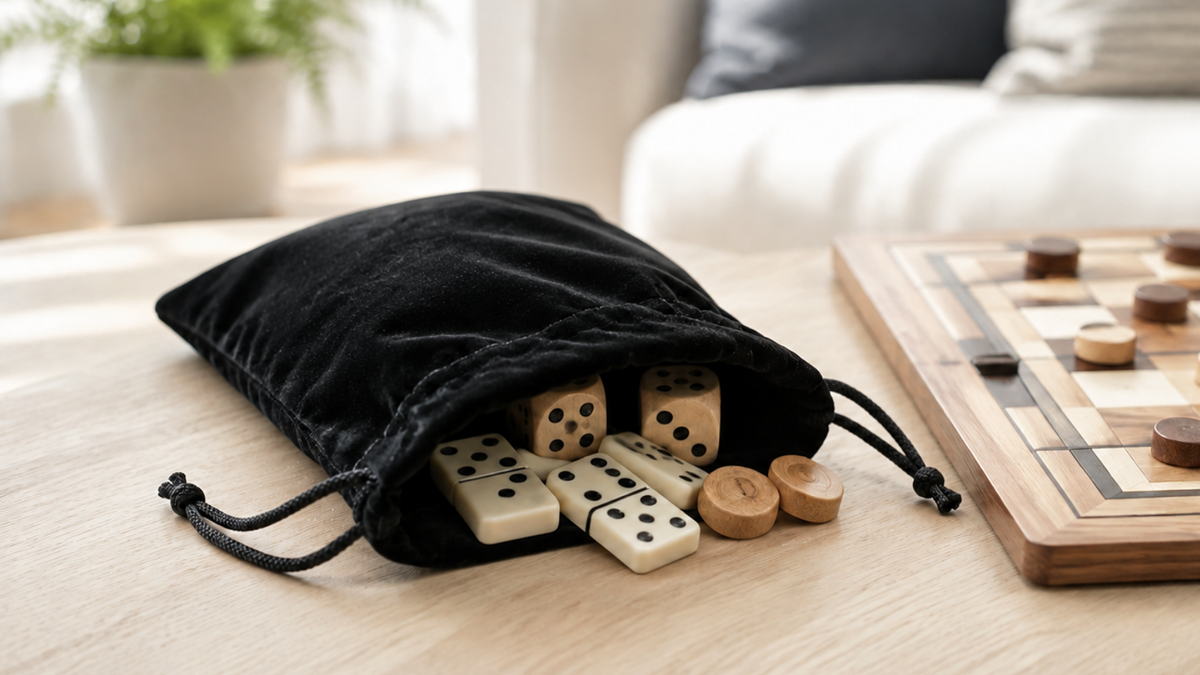 Open black velvet drawstring bag with wooden dice, ivory-coloured dominoes and wooden counters spilling onto a light wooden table beside a checkerboard.