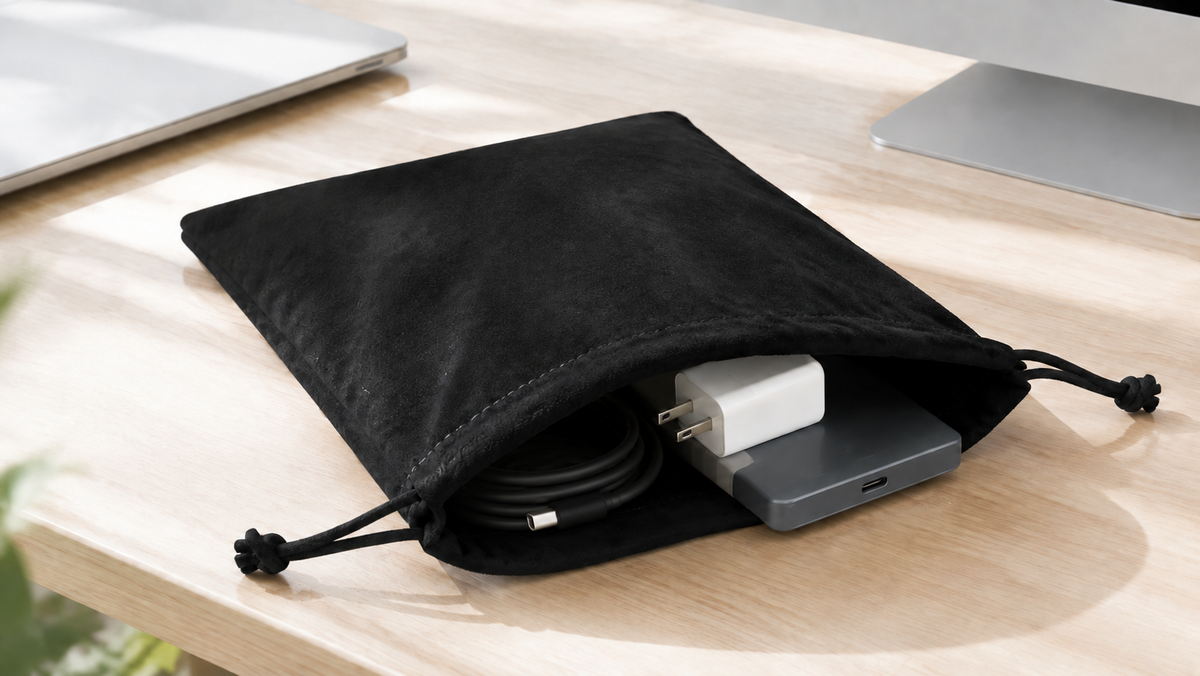 Open black corduroy drawstring bag holding a coiled USB cable, white charger and grey power bank on a light wooden desk, with a smartphone nearby.