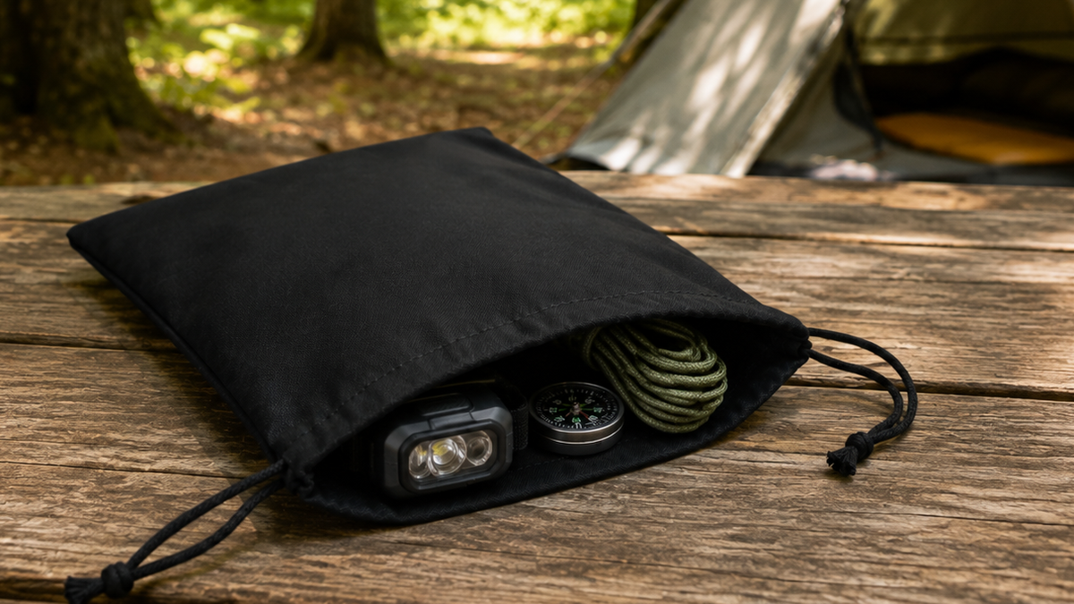 Open black cotton drawstring bag holding a headlamp, compass and coiled green cord on a weathered picnic table, with a tent in the sunlit forest behind it.