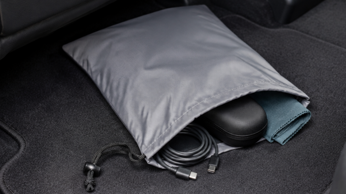 A grey drawstring bag filled with accessories in the back of a car