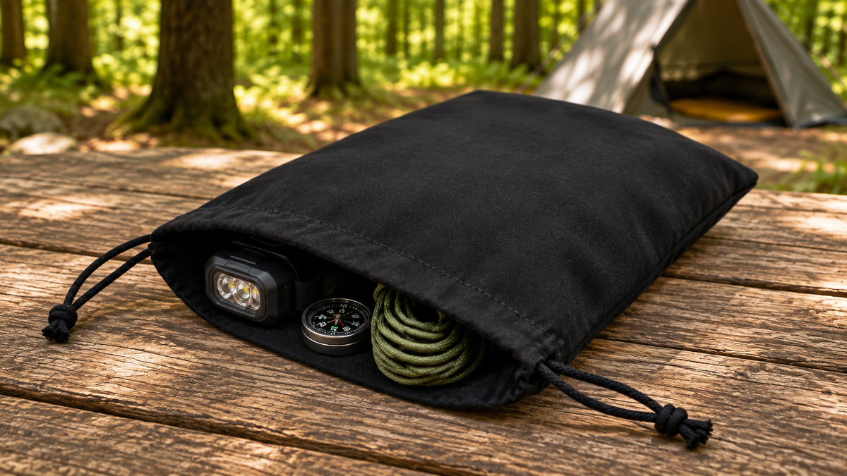 Black cotton drawstring bag holding a headlamp, compass and coiled green cord on a wooden picnic table, with a tent and sunlit forest behind it.