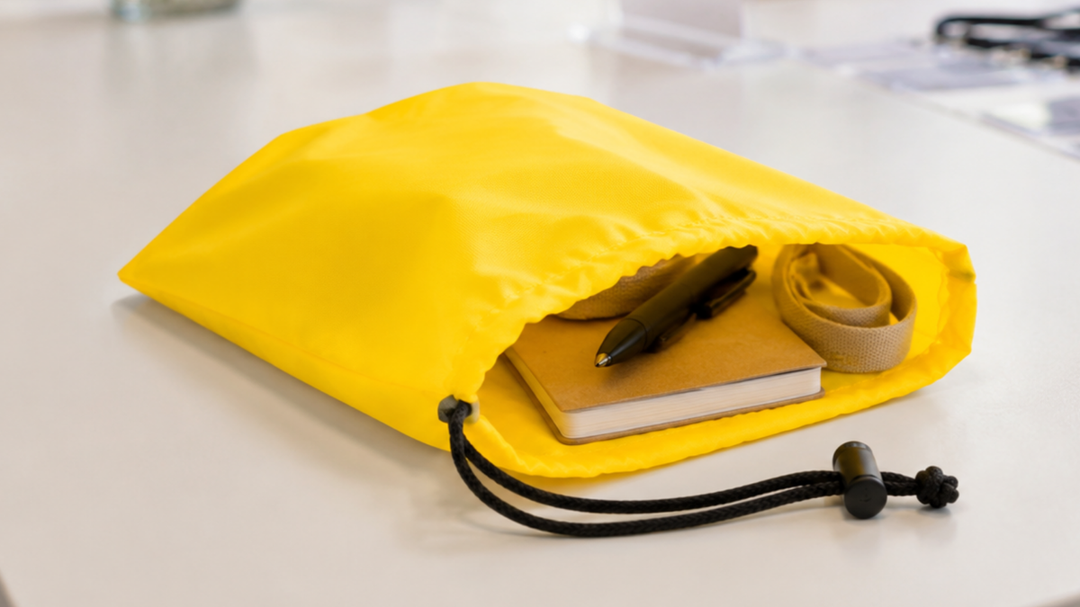 A goodie bag filled with a notebook a pen and other miscellaneous items