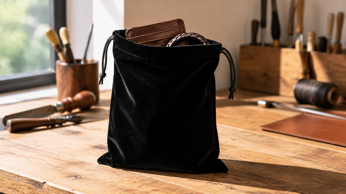 Black velvet drawstring bag holding a brown leather cardholder and braided leather bracelet on a sunlit workbench surrounded by leatherworking tools.