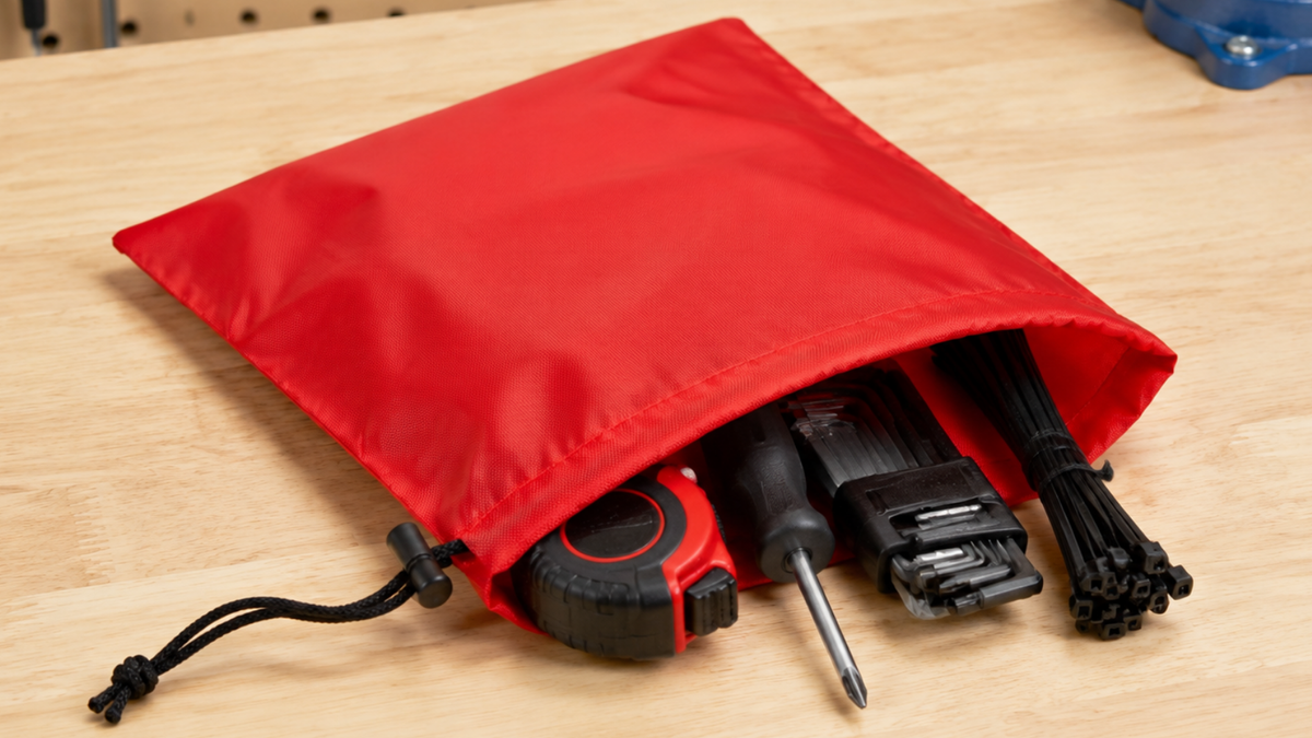Open red nylon drawstring bag holding a tape measure, screwdriver, hex key set and black cable ties on a wooden workbench.