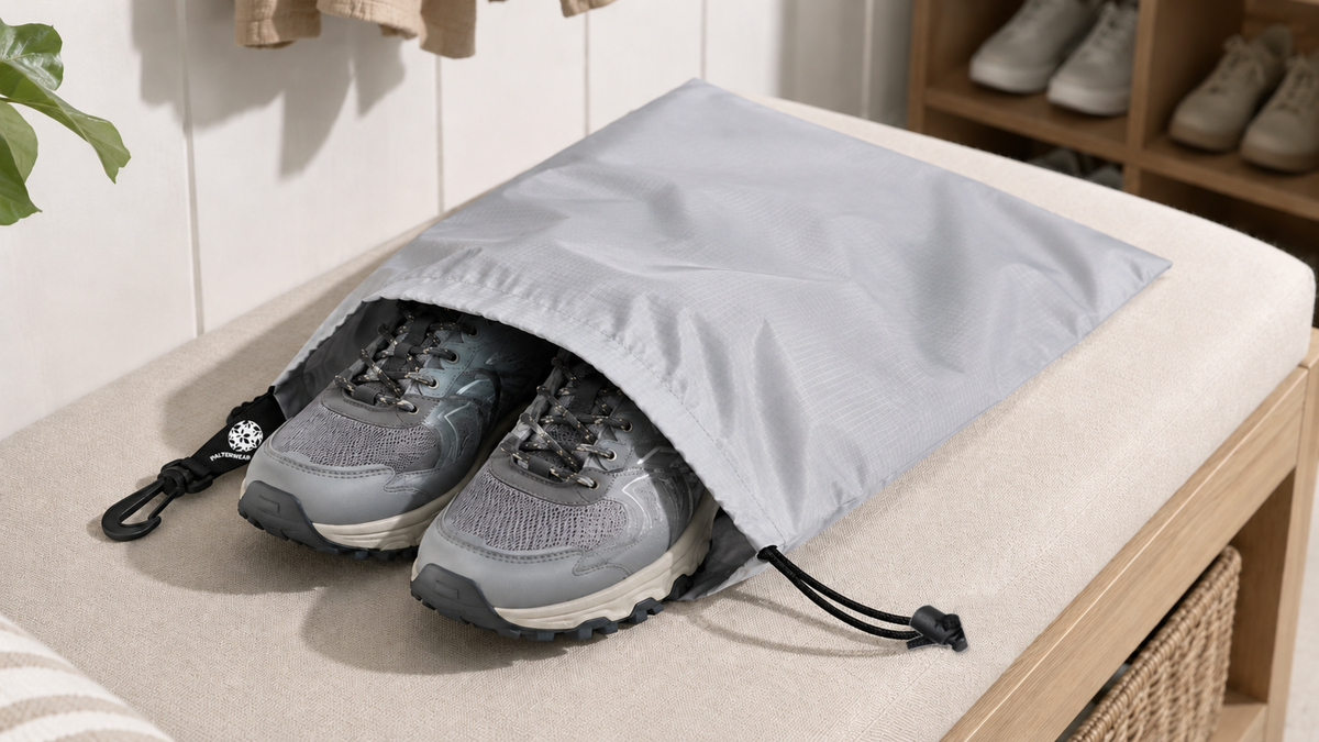 Pair of grey athletic shoes partially enclosed in a light grey ripstop nylon drawstring bag on a cushioned bench.