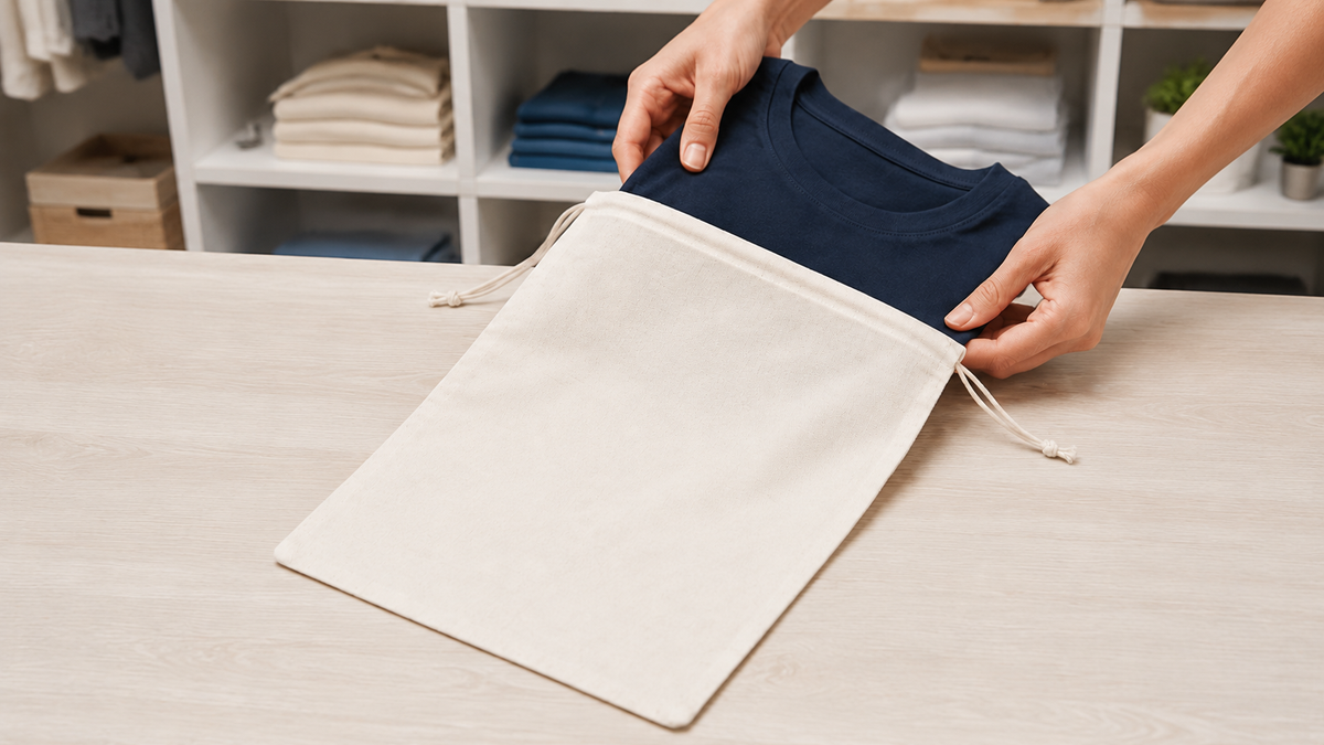 Person placing a folded navy blue T-shirt into a natural cotton drawstring bag on a retail counter.