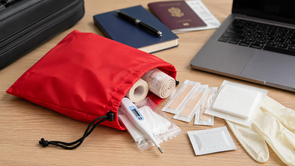 A nylon drawstring bag with first aid materials on a desk