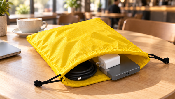 Yellow ripstop nylon drawstring bag holding a coiled cable, charger and power bank on a wooden coffee shop table, with a coffee cup and laptop nearby.