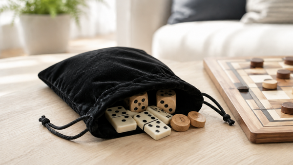Open black velvet drawstring bag with wooden dice, ivory-coloured dominoes and wooden counters spilling onto a light wooden table beside a checkerboard.