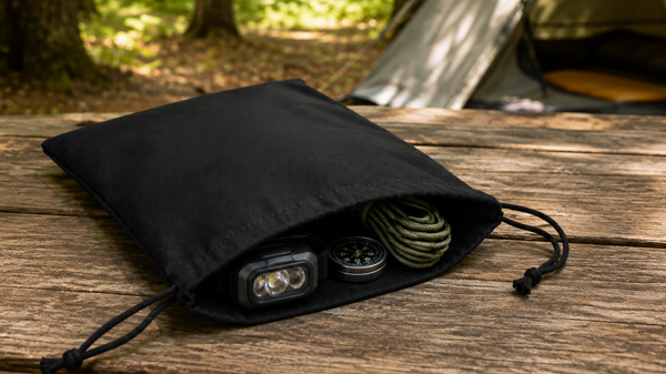 Open black cotton drawstring bag holding a headlamp, compass and coiled green cord on a weathered picnic table, with a tent in the sunlit forest behind it.