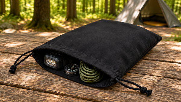 Black cotton drawstring bag holding a headlamp, compass and coiled green cord on a wooden picnic table, with a tent and sunlit forest behind it.
