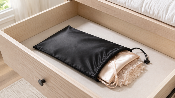 Open black satin drawstring bag holding folded champagne-coloured satin and lace lingerie in a light wooden drawer.