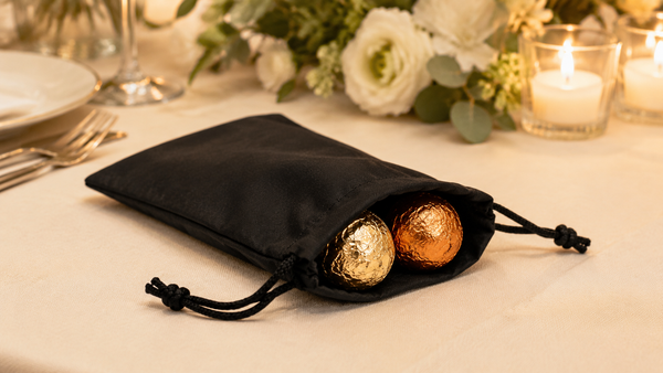 Open black cotton drawstring bag holding gold and copper foil-wrapped chocolates on a cream tablecloth, with candles, white flowers and a place setting behind it.
