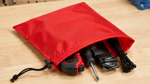 Open red nylon drawstring bag holding a tape measure, screwdriver, hex key set and black cable ties on a wooden workbench.