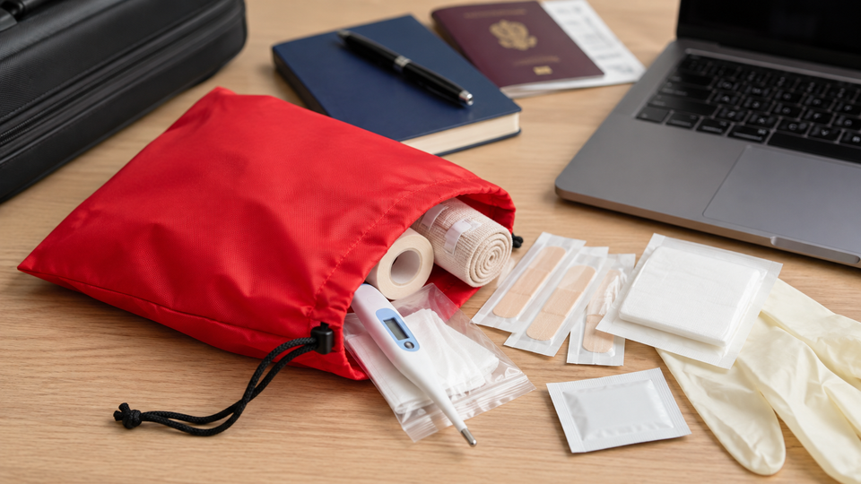 A nylon drawstring bag with first aid materials on a desk