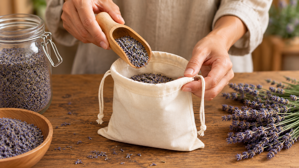 Hands filling a natural cotton drawstring bag with dried lavender using a wooden scoop, with a glass jar, wooden bowl and lavender sprigs on the table.
