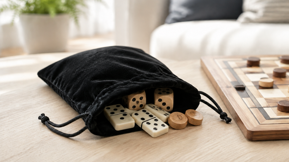 Open black velvet drawstring bag with wooden dice, ivory-coloured dominoes and wooden counters spilling onto a light wooden table beside a checkerboard.