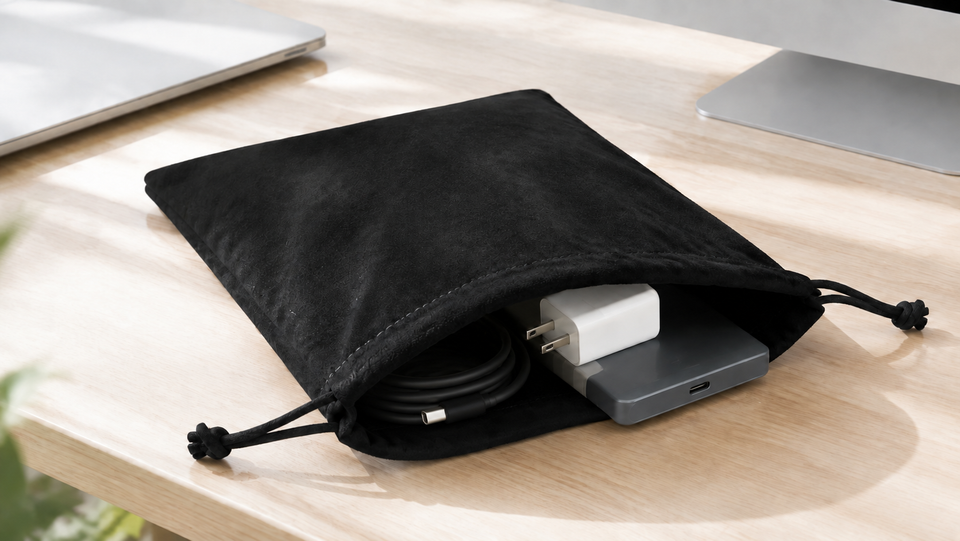 A drawstring bag filled with electronic accessories