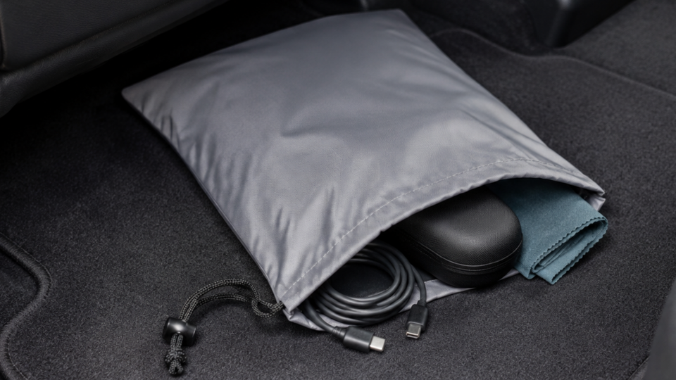 A grey drawstring bag filled with accessories in the back of a car