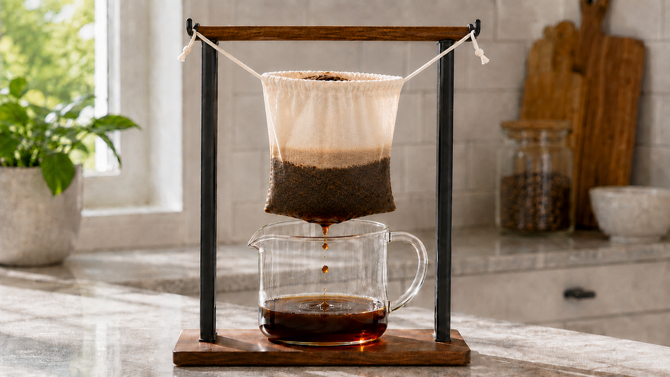 Cotton drawstring bag filled with coffee grounds suspended from a wooden and metal stand, dripping coffee into a glass jug on a kitchen counter.