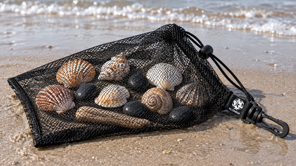 Black mesh drawstring bag with a clip holding seashells, smooth dark stones and driftwood on wet sand beside gentle waves.