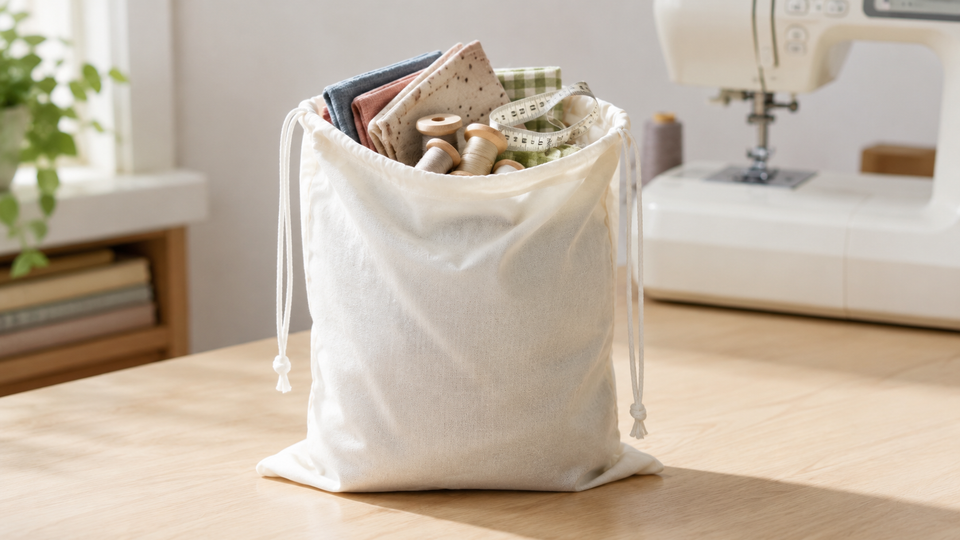 Natural lightweight cotton drawstring bag filled with folded fabric, wooden thread spools and a measuring tape, standing on a wooden table beside a sewing machine.