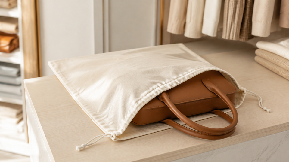 Brown leather handbag partially enclosed in a natural cotton drawstring dust bag on a wardrobe shelf.