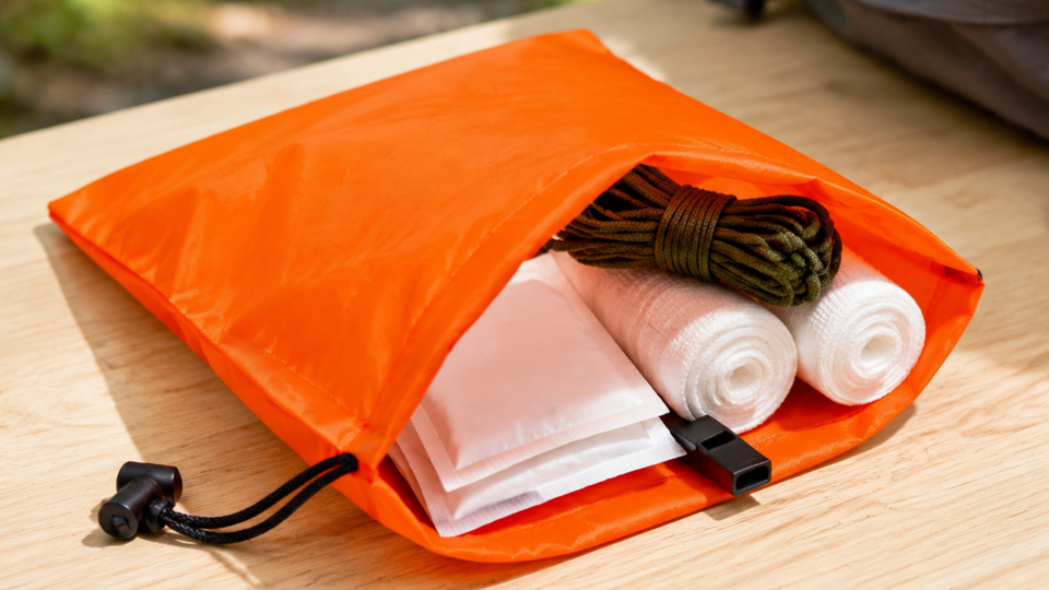 Open orange nylon drawstring bag containing rolled bandages, white supply packets, olive green paracord and a black whistle on a wooden table.