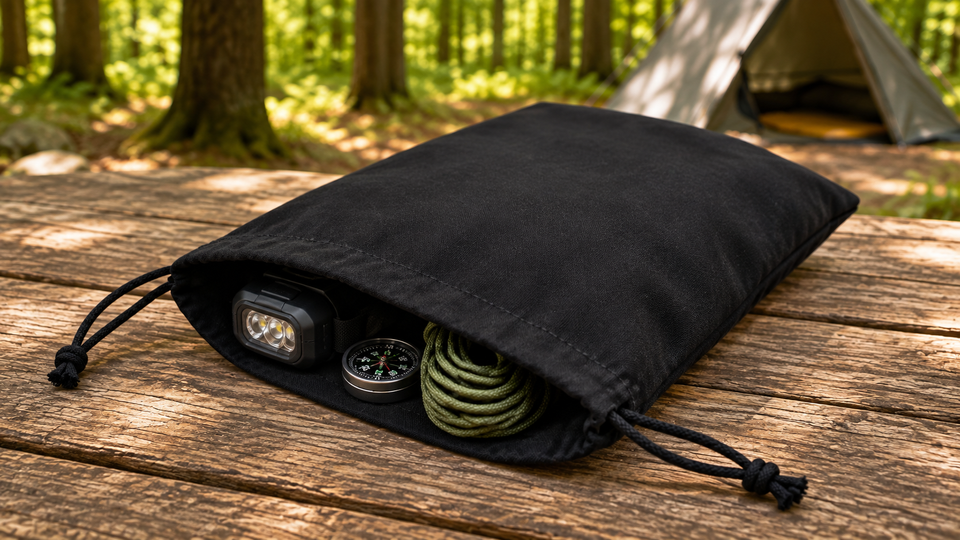 Black cotton drawstring bag holding a headlamp, compass and coiled green cord on a wooden picnic table, with a tent and sunlit forest behind it.