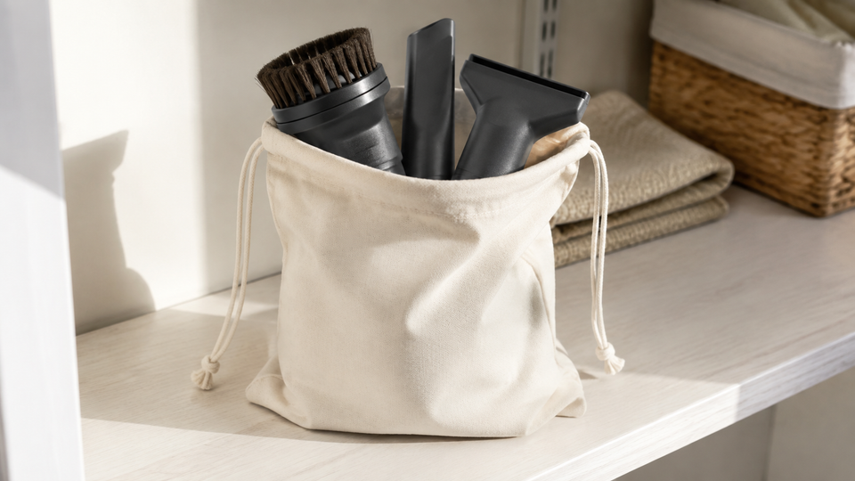 Natural cotton drawstring bag holding vacuum cleaner attachments on a shelf beside folded cloths and a wicker basket.