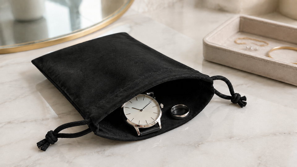 Open black faux suede drawstring bag holding a silver watch with a black strap and a metal ring on a pale marble surface beside a jewellery tray.