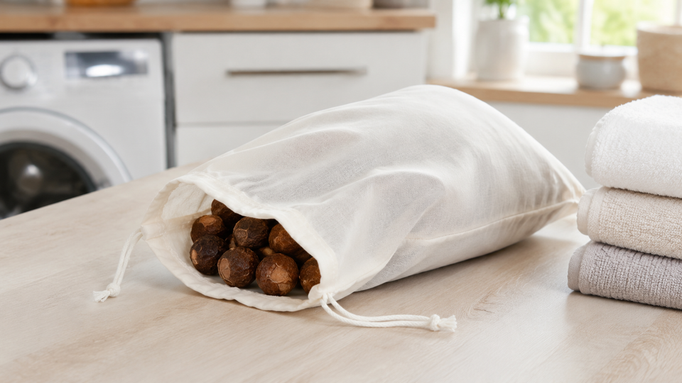 Open white lightweight cotton drawstring bag filled with brown soap nuts on a wooden counter, beside folded towels with a washing machine behind it.