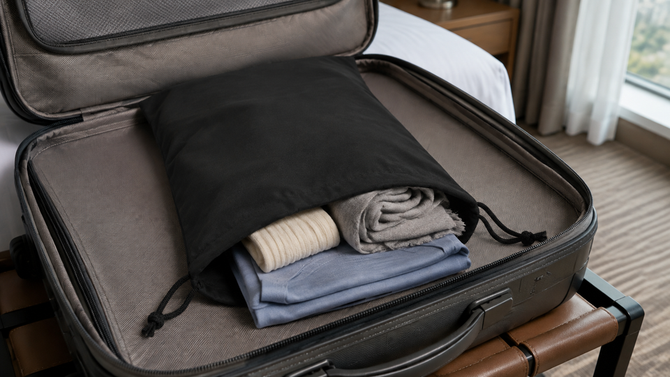 Black microfiber drawstring bag holding folded clothing inside an open suitcase on a luggage rack.