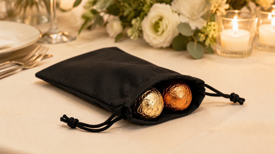 Open black cotton drawstring bag holding gold and copper foil-wrapped chocolates on a cream tablecloth, with candles, white flowers and a place setting behind it.