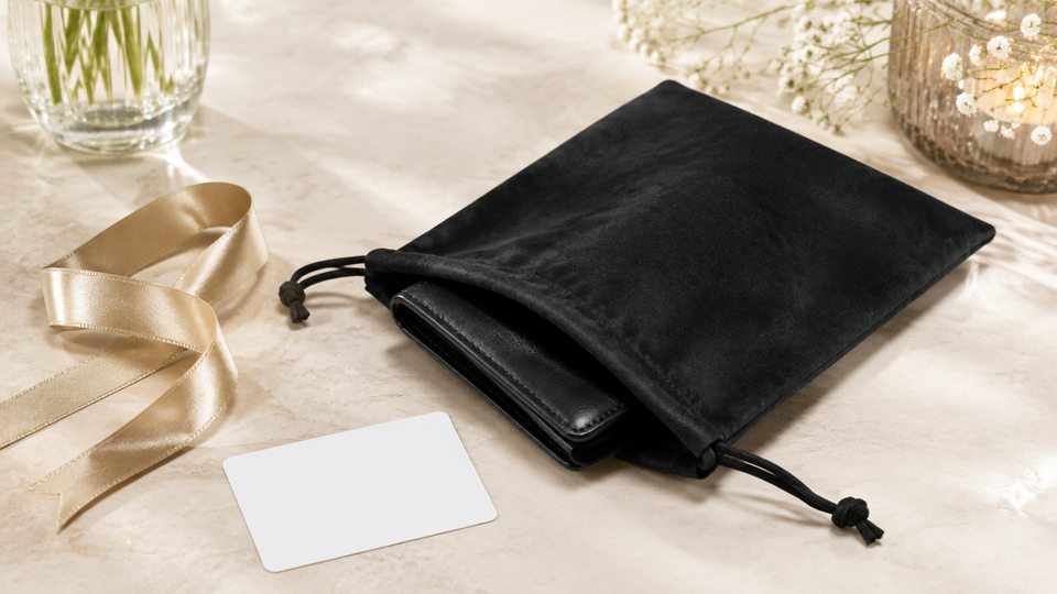 Black faux-suede drawstring gift bag holding a leather wallet, styled with gold ribbon, flowers and a blank gift card.