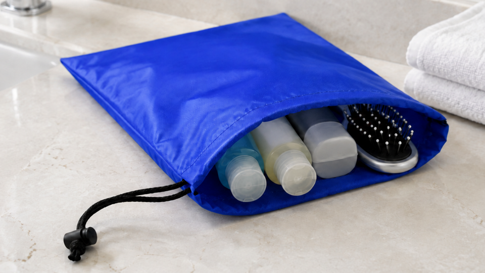 Open blue nylon drawstring bag holding travel toiletries, deodorant and a hairbrush on a bathroom counter beside folded white towels.