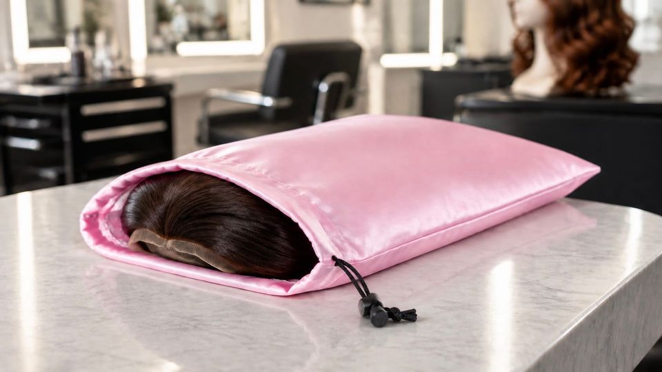 Open pink satin drawstring bag holding a brown lace-front wig on a salon counter, with styling chairs and mirrors in the background.
