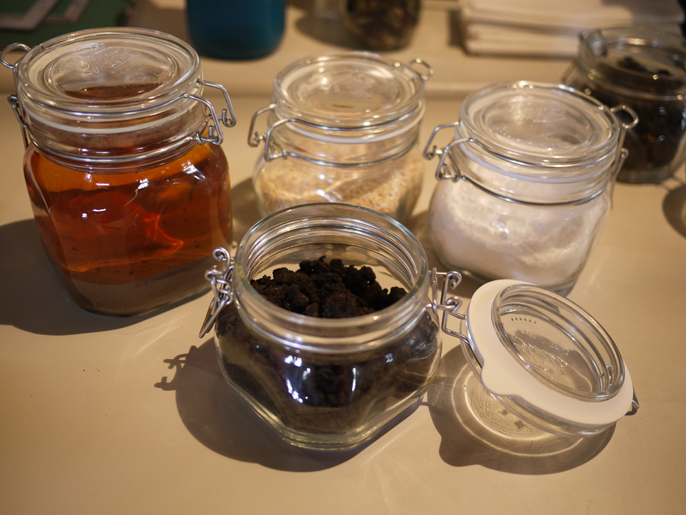 Materials for making Japanese indigo dye: sukumo,&nbsp;ash lye, calcium hydroxide, and wheat bran