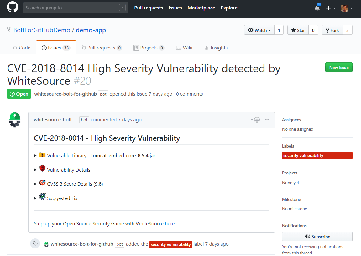 Whitesource Bolt for GitHub