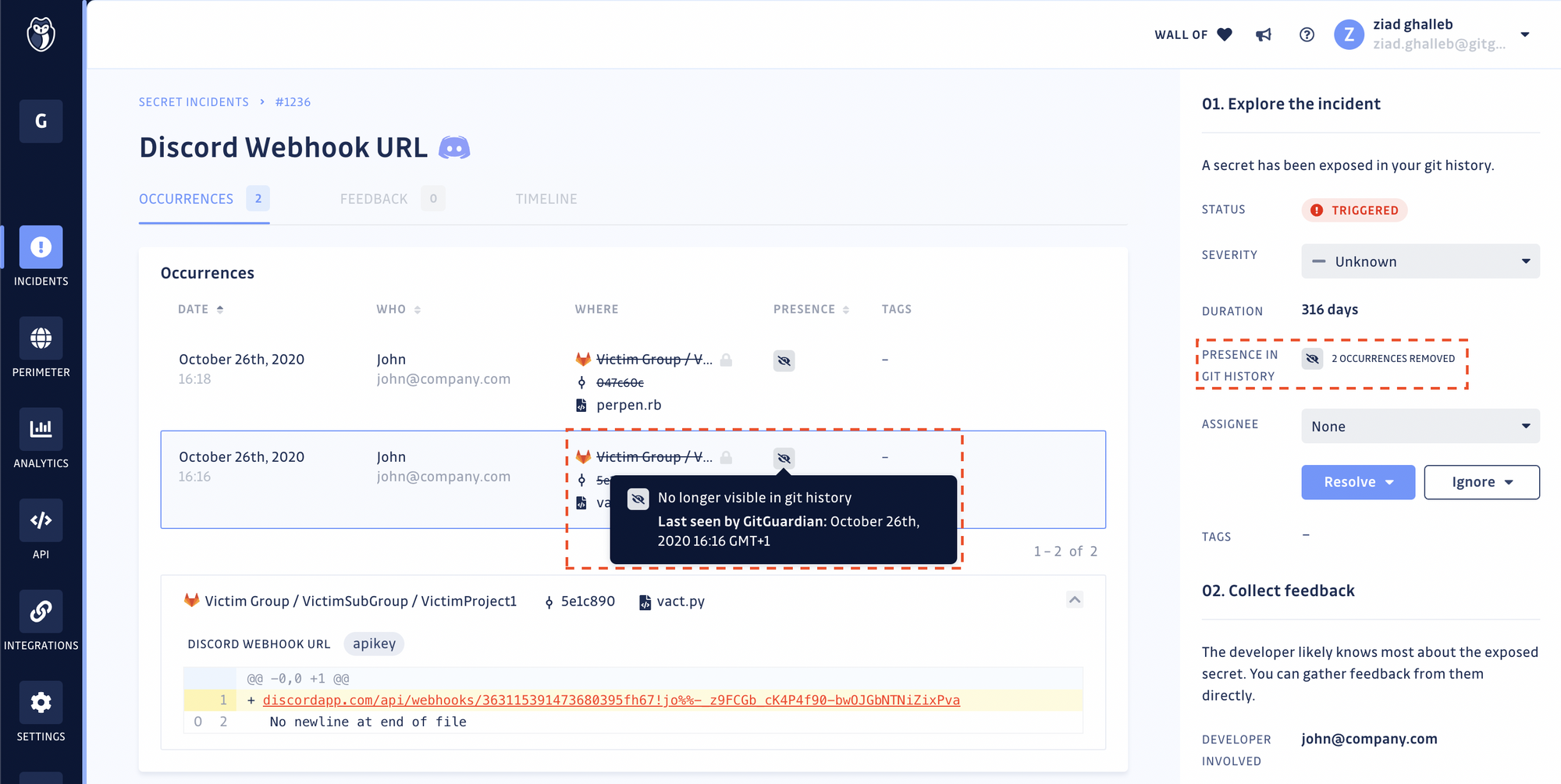 Incident details view — Example of an occurrence removed from the git history