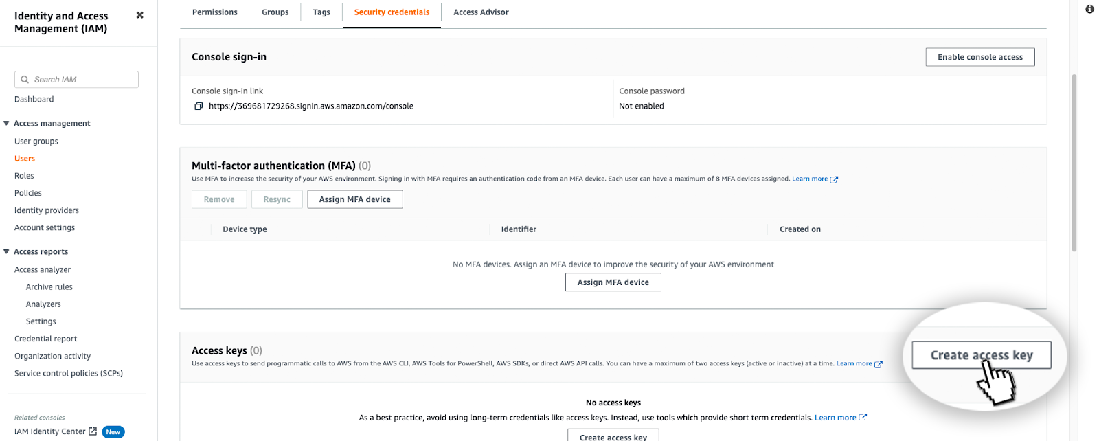 Creating access tokens for you AWS user