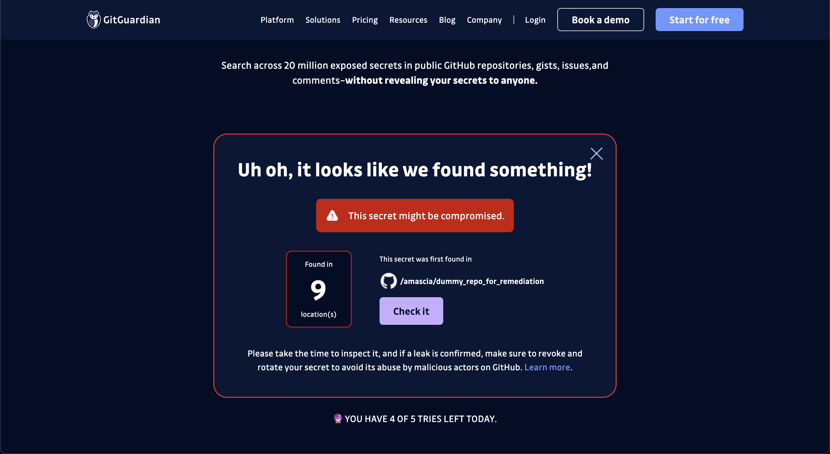 Step 3. If your secret is exposed, HasMySecretLeaked will inform you how many times it was found and where it was first leaked.